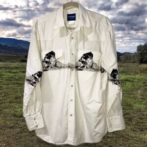 VTG Wrangler Western Shirt Scenic Horse Print Art Pearl Snap Cowboy Cream Sz L